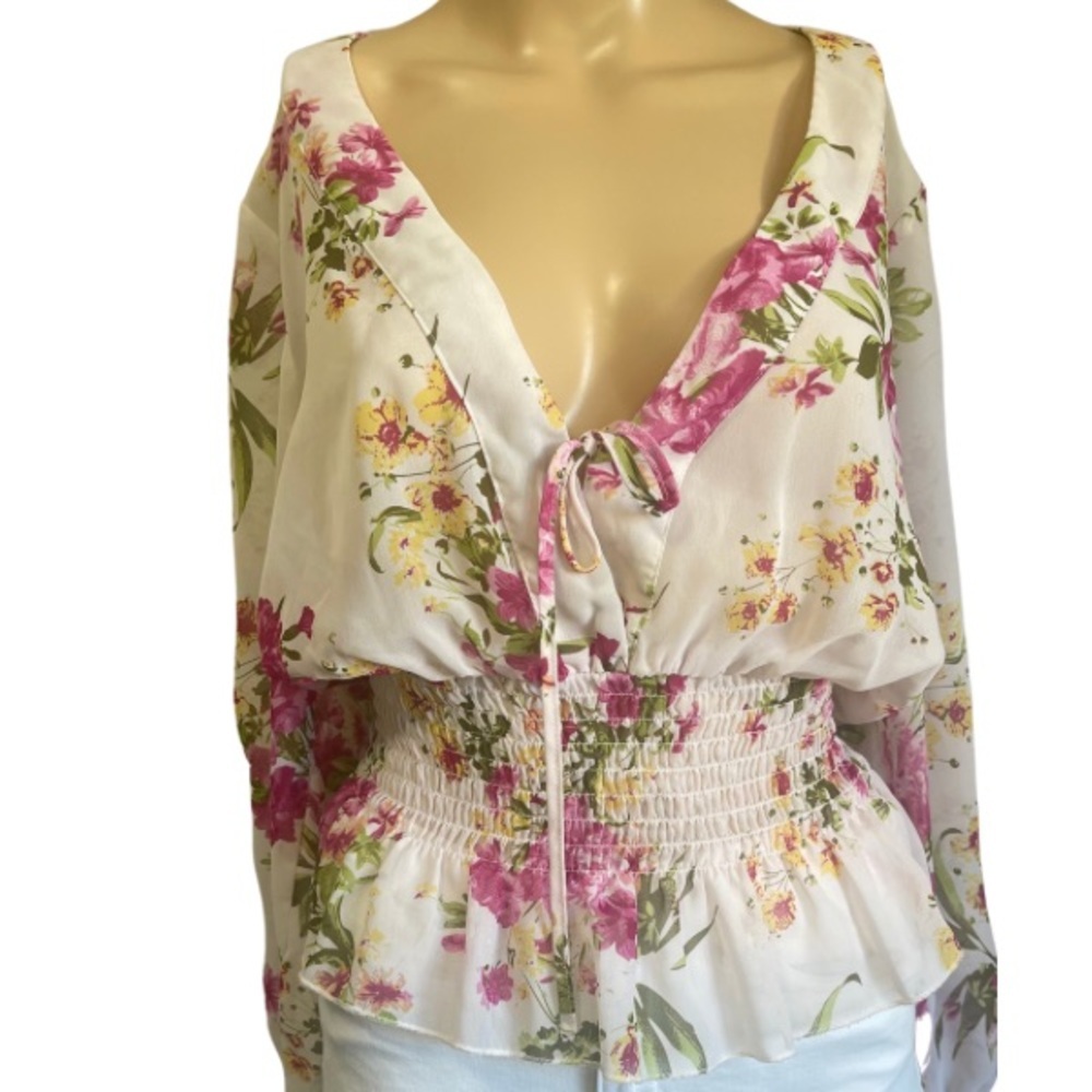 Floral Women's Top with Pink‎ and Green Accents